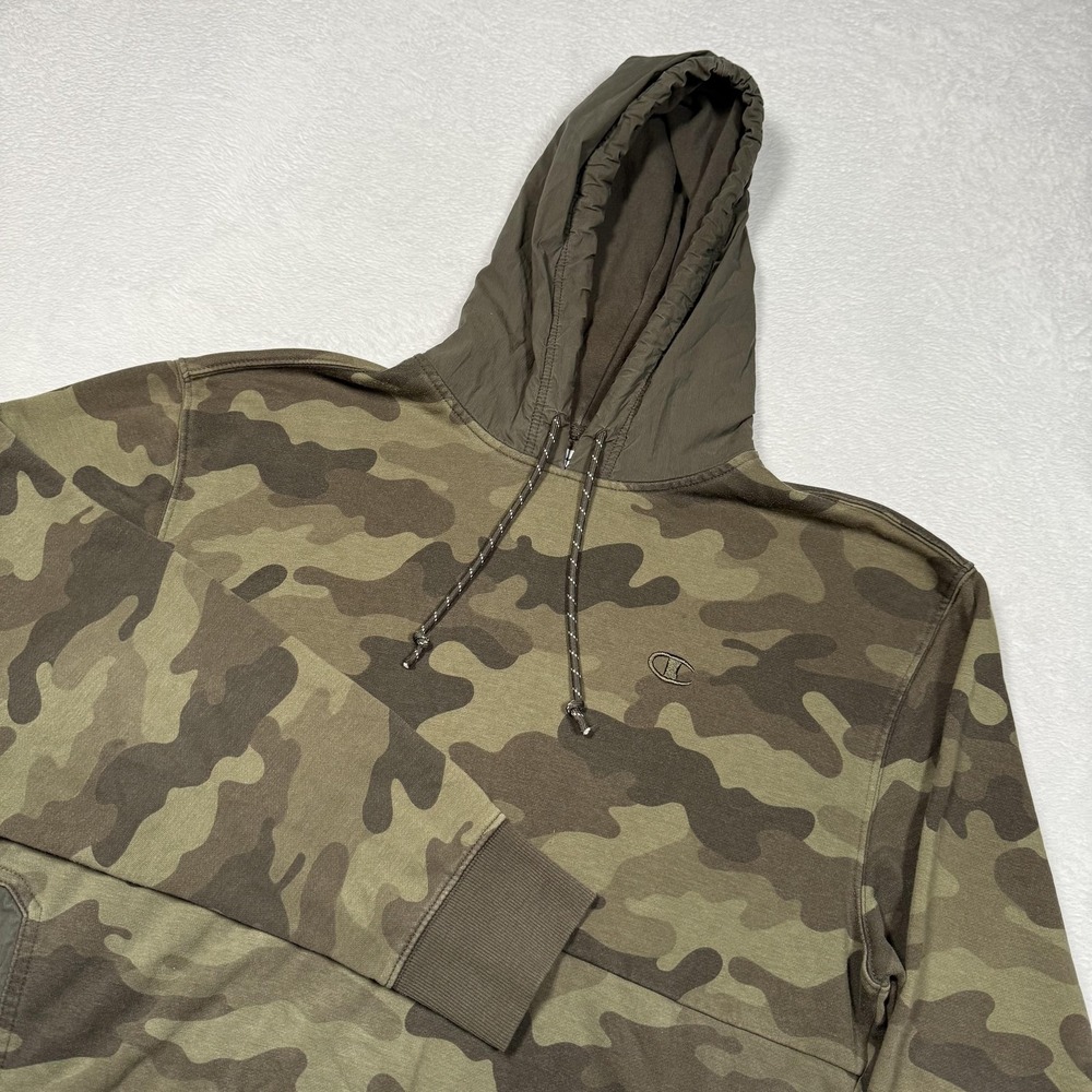 Champion Hoodie Mens Medium Green Camo Pullover Sweatshirt Embroidered C Fleece